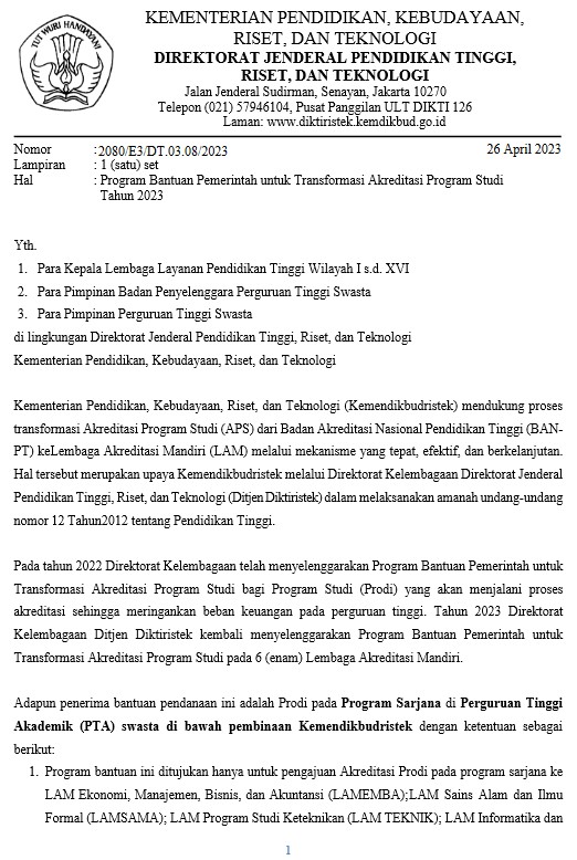 Program Bantuan Pemerintah untuk Transformasi Akreditasi Program Studi Tahun 2023