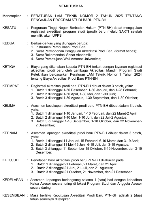 Peraturan LAM Teknik No. 2 Tahun 2025 Tentang Pengajuan Program Studi Baru PTN-BH LAM Teknik