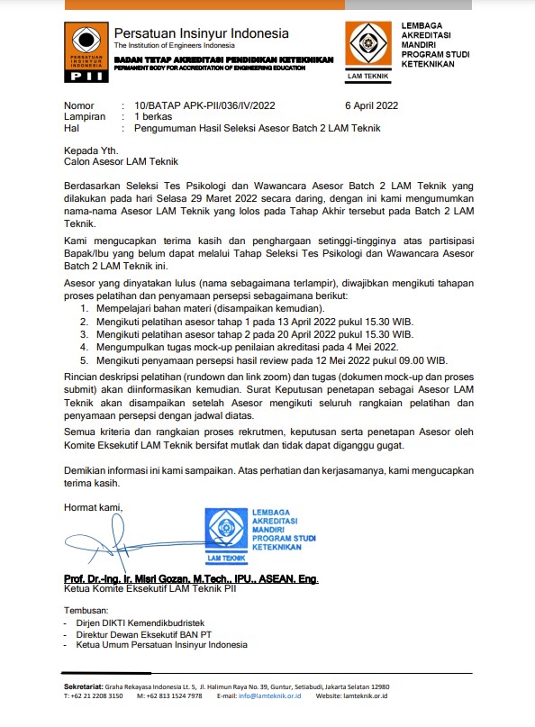 Pengumuman Hasil Seleksi Asesor Batch 2 LAM Teknik